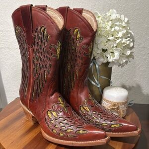 JAR BOOT’S Women’s Western Wear Boots Red Leather gold  Sequins  Size 7